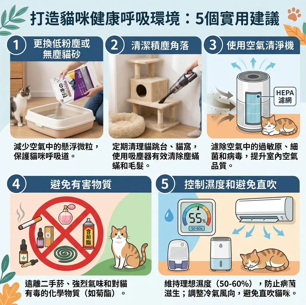 貓咪打噴嚏應從居家環境調整做起，確保貓咪擁有健康的呼吸空間。